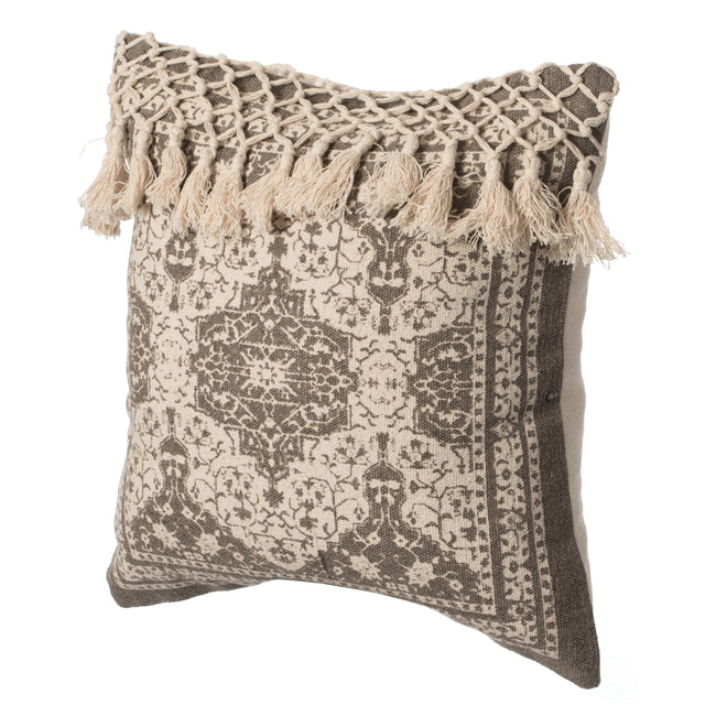 16" Handwoven Cotton Throw Pillow Cover with Traditional Pattern and Tasseled Top with Filler, Beige - LEHADAR