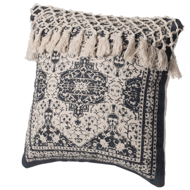 16" Handwoven Cotton Throw Pillow Cover with Traditional Pattern and Tasseled Top, Navy - LEHADAR