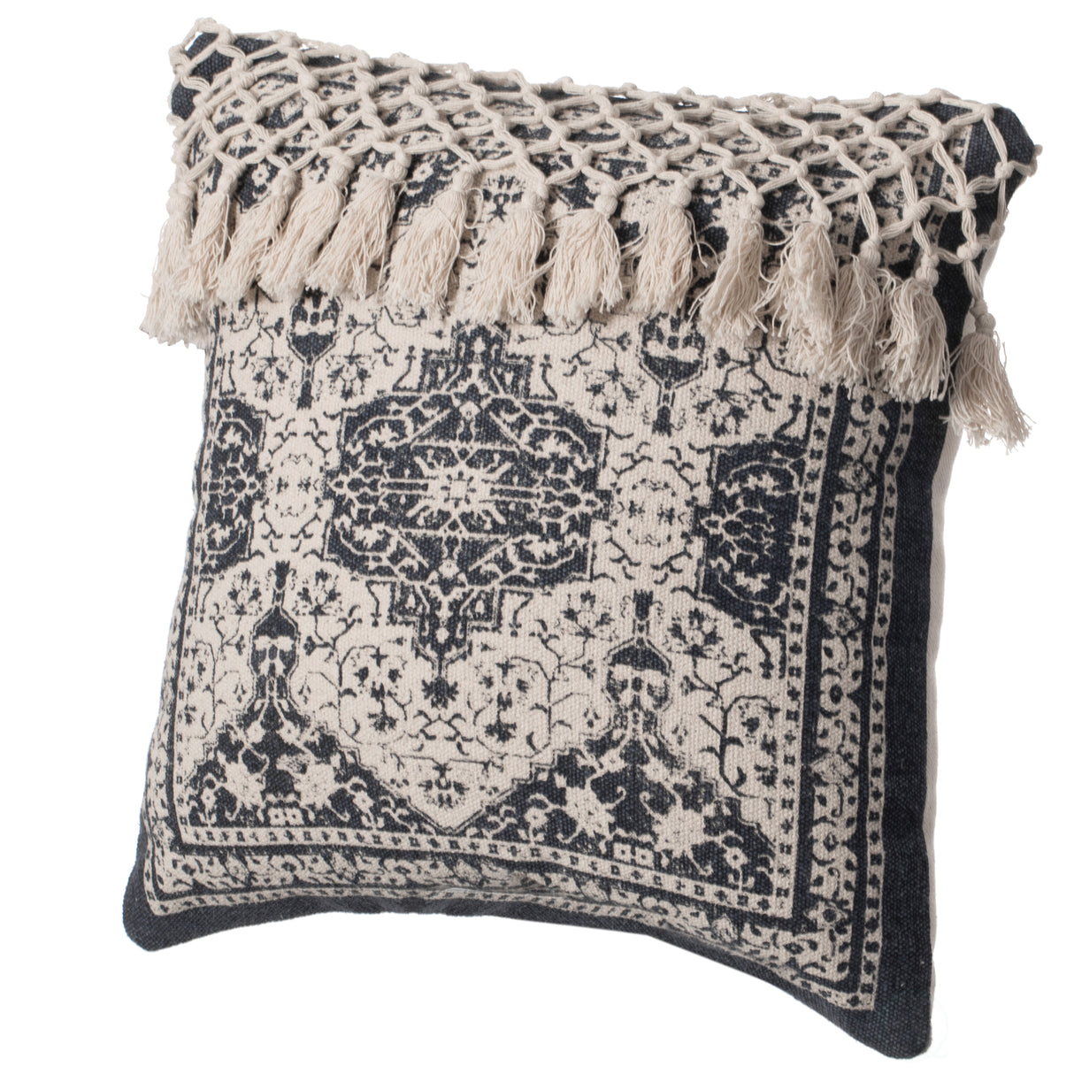 16" Handwoven Cotton Throw Pillow Cover with Traditional Pattern and Tasseled Top with Filler, Navy - LEHADAR