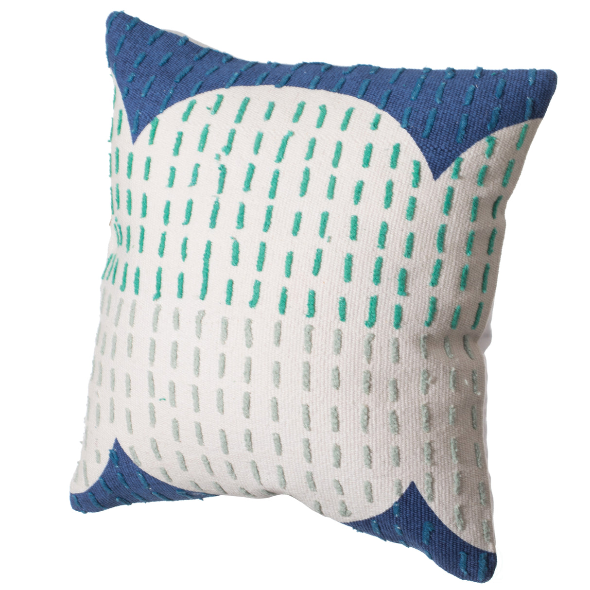 16" Handwoven Cotton Throw Pillow Cover with Ribbed Line Dots and Wave Border, Blue - LEHADAR