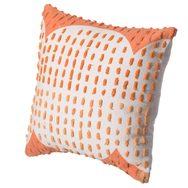16" Handwoven Cotton Throw Pillow Cover with Ribbed Line Dots and Wave Border with Filler, Coral - LEHADAR