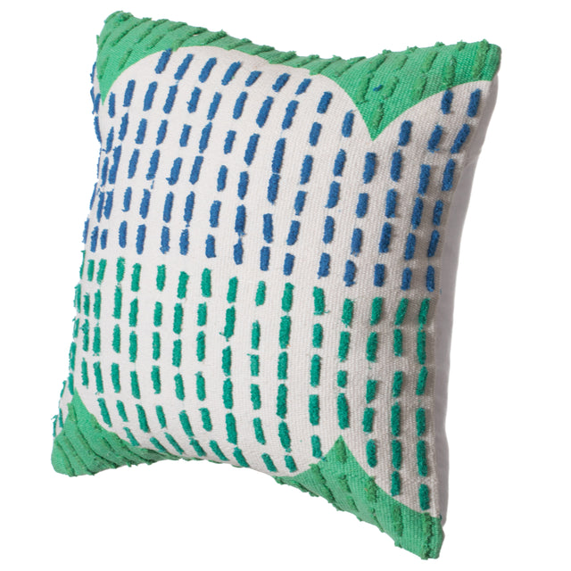16" Handwoven Cotton Throw Pillow Cover with Ribbed Line Dots and Wave Border, Green - LEHADAR