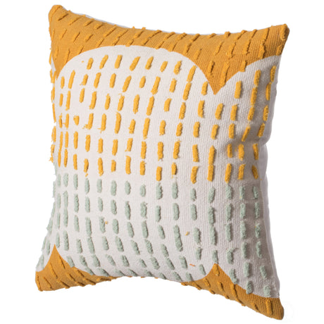 16" Handwoven Cotton Throw Pillow Cover with Ribbed Line Dots and Wave Border, Mustard - LEHADAR