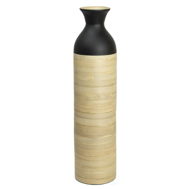 Elegant Black Cylinder Shaped Tall Spun Bamboo Floor Vases, Embellished with a Glossy Lacquer and Enhanced with Natural Bamboo Finish - Stylish Home Decor, Heights of 31 Inches - LEHADAR