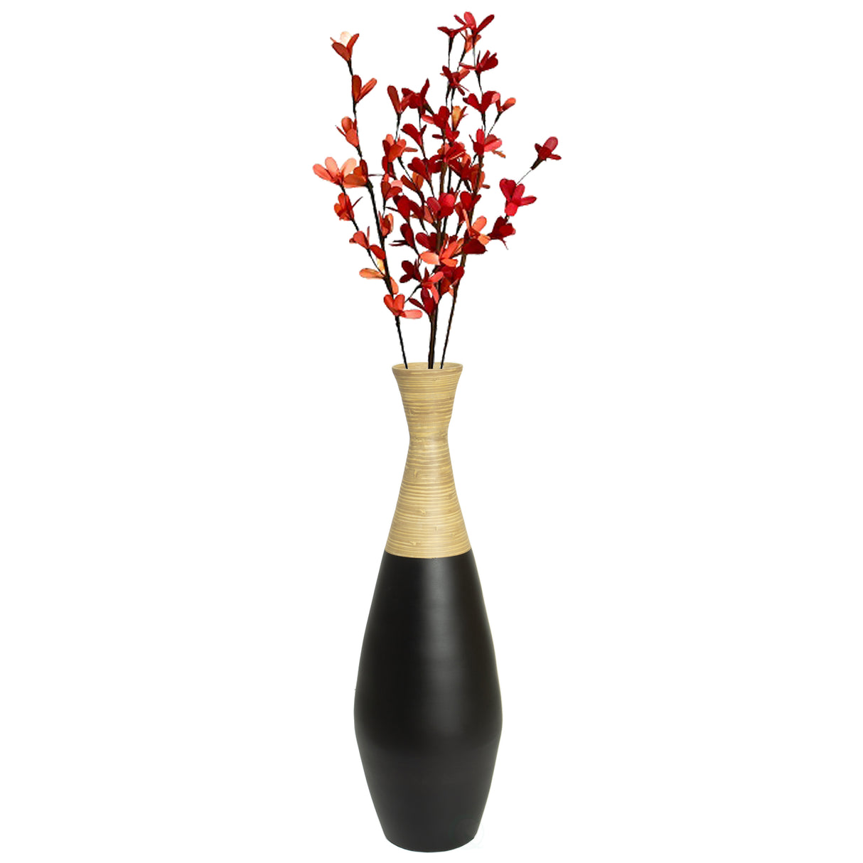 31.5 inch Spun Bamboo Tall Trumpet Floor Vase - Decorative Home Accent, Natural Bamboo, Indoor Decoration, Sustainable Materials, Tall Floral Display, Handmade Bamboo Vase, Floor Standing Vase, Black - LEHADAR
