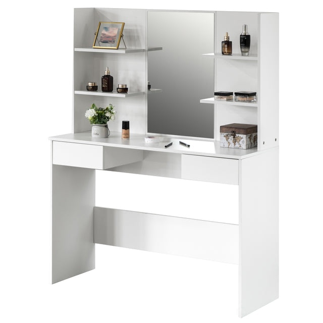 White Modern Wooden Dressing Table with Drawer, Mirror and Shelves for The Dining Room, Entryway and Bedroom - LEHADAR
