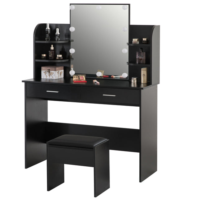 Black Modern Wooden Vanity Dressing Table With Two Drawers, Led Mirror and Stool - LEHADAR