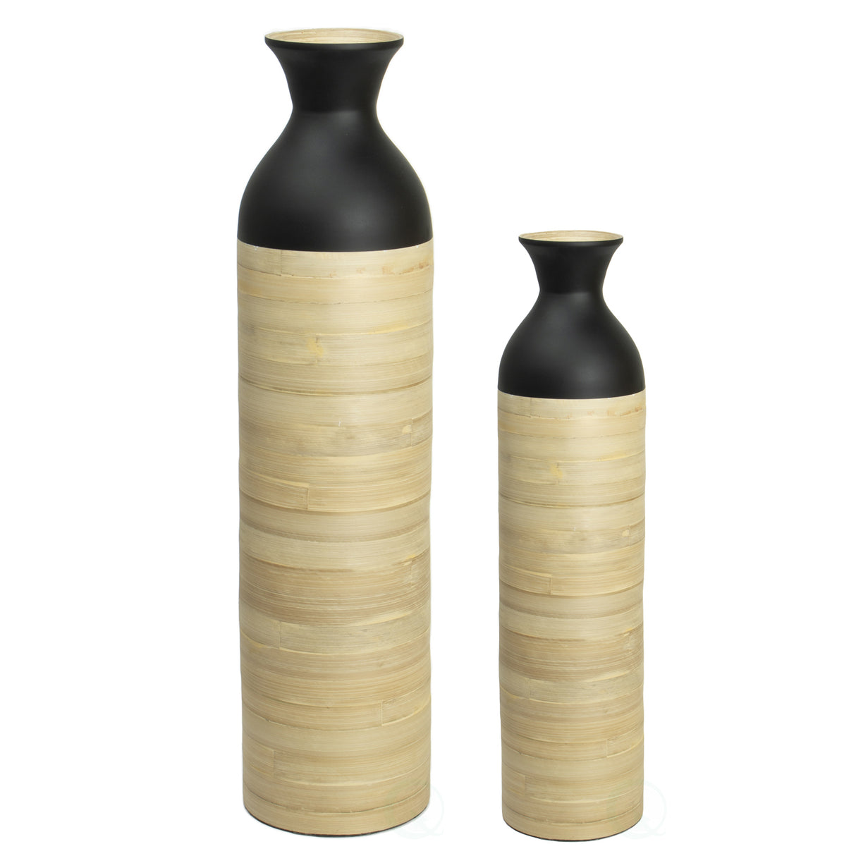 Set of 2 Elegant Black Cylinder Shaped Tall Spun Bamboo Floor Vases, Embellished with a Glossy Lacquer, and Enhanced with Natural Bamboo Finish - Stylish Home Decor, Heights of 31 and 23.5 Inches - LEHADAR