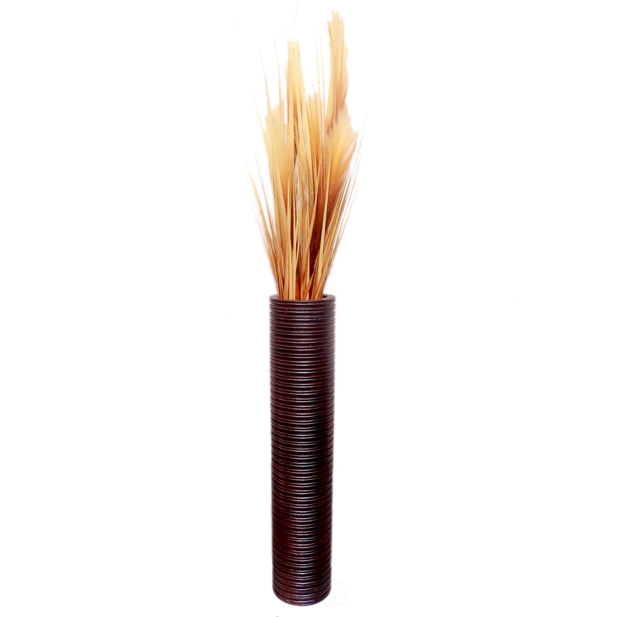 Brown Decorative Contemporary Mango Wood Ribbed Design Cylinder Shaped Floor Vase, 30 Inch - LEHADAR