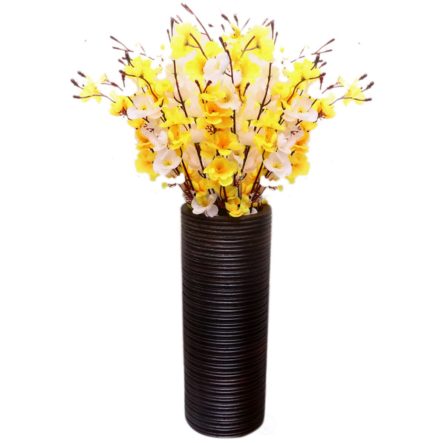 Brown Decorative Contemporary Mango Wood Ribbed Design Cylinder Shaped Table Vase, 16 Inch - LEHADAR