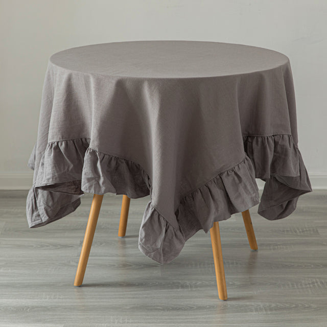 Deerlux 100% Pure Linen Washable Tablecloth with Ruffle Trim, 60" x 80" Rectangle Gray - LEHADAR