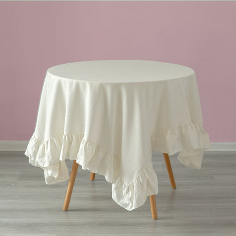 Deerlux 100% Pure Linen Washable Tablecloth with Ruffle Trim, 60" x 80" Rectangle White - LEHADAR