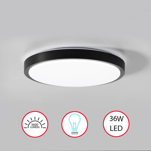 Modern Round LED Ceiling Light Fixture Flush Mount Lighting, 6500K Daylight White, Energy-Saving with 30,000 Hour Lifetime for Residential and Commercial Space, 15.5" Black - LEHADAR