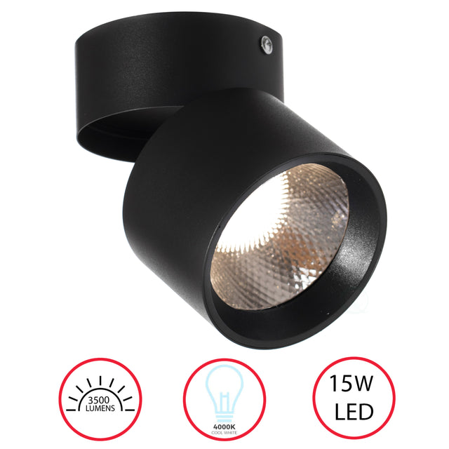 Sleek and Contemporary Aluminum Round LED Ceiling Spotlight - Adjustable Downlight with 15 Watt Cool White 4000K - Energy-Efficient Ceiling-Mounted Spot Lighting - Long-Lasting, Decorative and Modern - Ideal for Home, Office, and Commercial Spaces, Black - LEHADAR