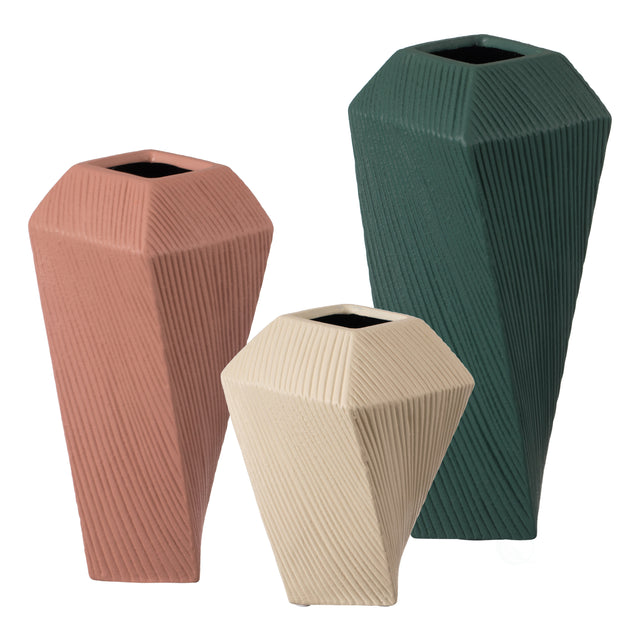 Decorative Ceramic Square Twisted Centerpiece Table Vase Set of 3, Green Large, Pink Medium, and Beige Small - LEHADAR