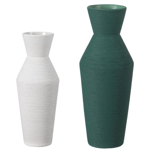 Decorative Ceramic Round Sharp Concaved Top Vase Centerpiece Table Vase Set of 2, Green Large and White Small - LEHADAR