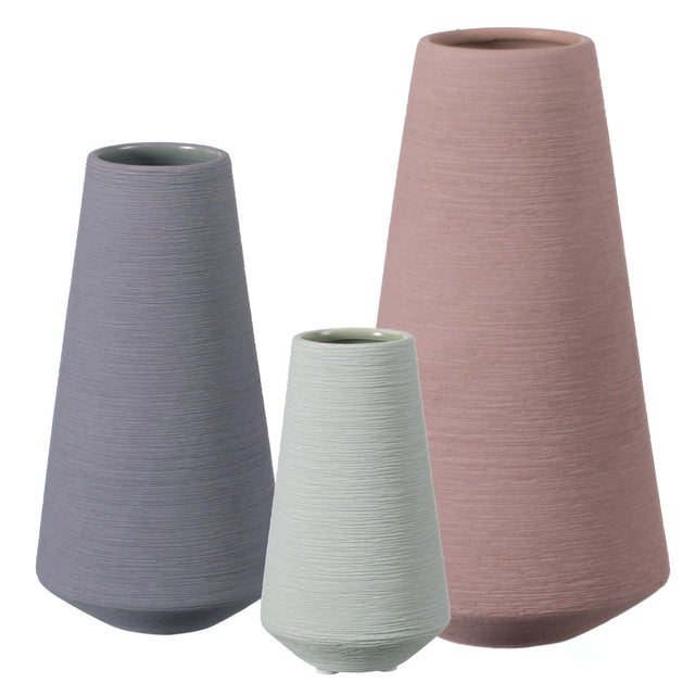 Decorative Ceramic Round Cone Shape Centerpiece Table Vase Set of 3, Pink Large, Gray Medium, and Green Small - LEHADAR