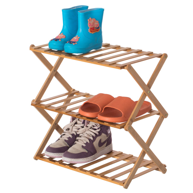 Bamboo Foldable Shoe Rack, Free Standing Shoe Organizer Storage Rack, 3 Tier - LEHADAR