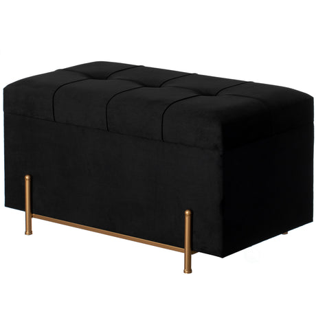 Large Rectangle Velvet Storage Ottoman Stool Box with Golden Legs | Decorative Sitting Bench for Living Room Home Decor with Cylindrical Golden Support (Black) - LEHADAR