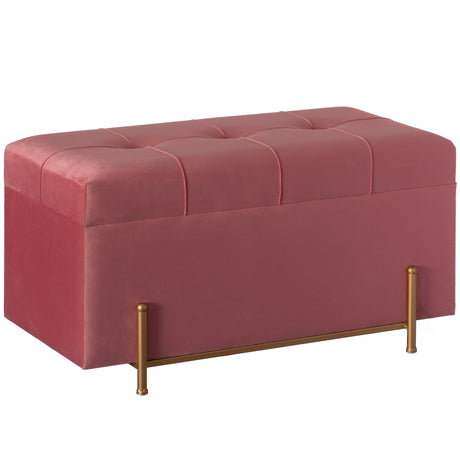 Large Rectangle Velvet Storage Ottoman Stool Box with Golden Legs | Decorative Sitting Bench for Living Room Home Decor with Cylindrical Golden Support (Pink) - LEHADAR