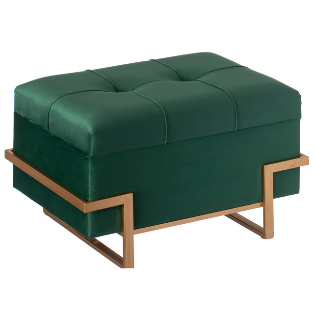 Rectangle Velvet Storage Ottoman Stool Box with Abstract Golden Legs | Decorative Sitting Bench for Living Room Home Decor with Unique Base Support (Green Small) - LEHADAR