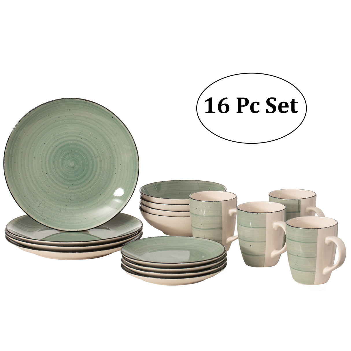 16 PC Spin Wash Dinnerware Dish Set for 4 Person | Mugs, Salad and Dinner Plates and Bowls Sets, High Quality Dishes with Highly Chip and Crack Resistant, Dishwasher and Microwave Safe, Green - LEHADAR
