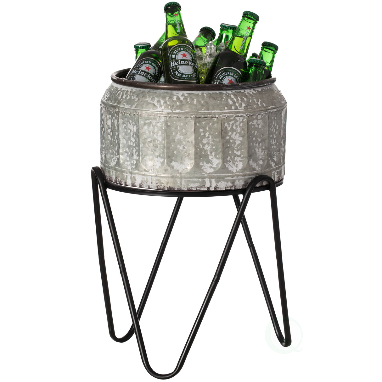 Silver Galvanized Metal Ice Bucket Beverage Cooler Tub with Stand, Medium - LEHADAR