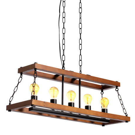 "Quickway Imports Brown Wooden Rectangle 5-Bulb Ceiling Hanging Light Fixture with Black Chain - Modern Style Lighting for Dining Room, Kitchen, Living Room or Bar - Farmhouse Industrial Chandelier" - LEHADAR