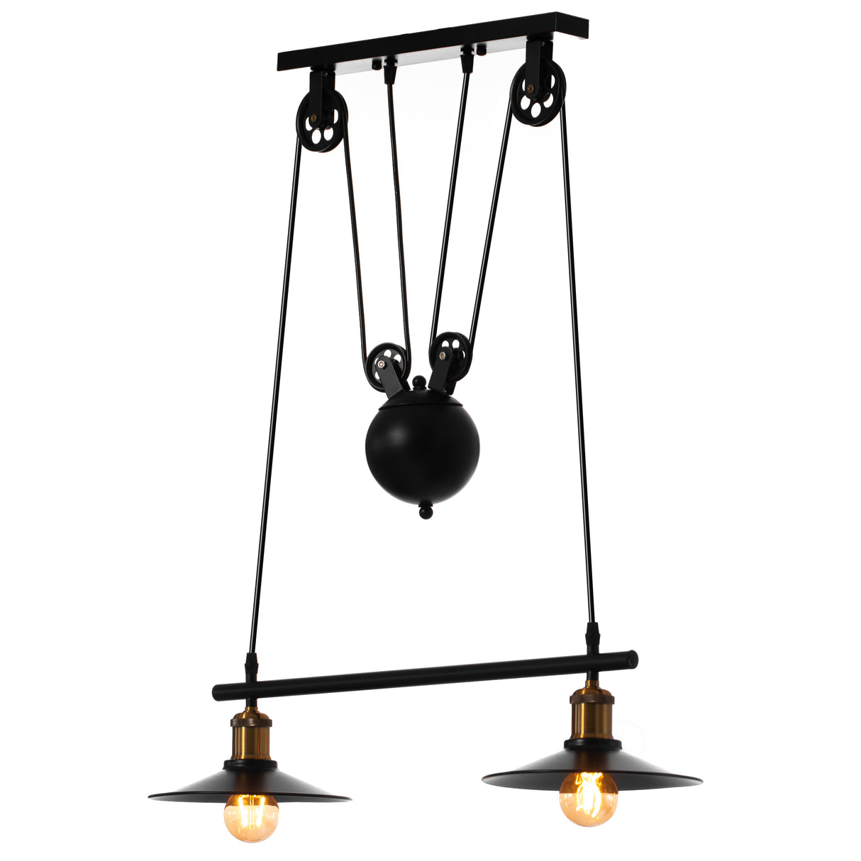 Quickway Imports Industrial Adjustable 2 Bulb Pulley Wired Ceiling Hanging Light Fixture, Black Decorative Chandelier for Modern or Industrial Style Restaurant, Bar, or Kitchen - LEHADAR