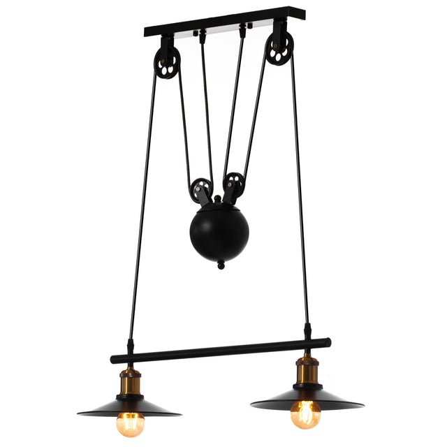 Quickway Imports Industrial Adjustable 2 Bulb Pulley Wired Ceiling Hanging Light Fixture, Black Decorative Chandelier for Modern or Industrial Style Restaurant, Bar, or Kitchen - LEHADAR