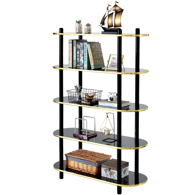 5 Tier Open Bookshelf, Contemporary Classic Modern Style Free Standing Wood Display Rack Unit for Collections, 59" Height Etagere Bookcase, Brown - LEHADAR