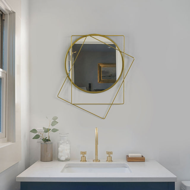 Uniquewise Decorative 20-inch Circle Mirror Featuring 2 Squares Shaped Gold Metal Frame - Perfect for Living Room, Bedroom, Vanity, Entryway, Hallway - Modern Wall Mounted Mirror with Sleek Design - LEHADAR
