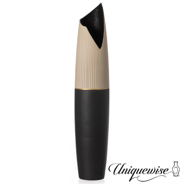 37-Inch Tall Freestanding Ceramic Floor Vase - Handcrafted Beige Polka Dot Striped Top and Black Bottom, Large Waterproof Vase for Tall Floral Arrangements, Unique Shaped Flower Holder - LEHADAR