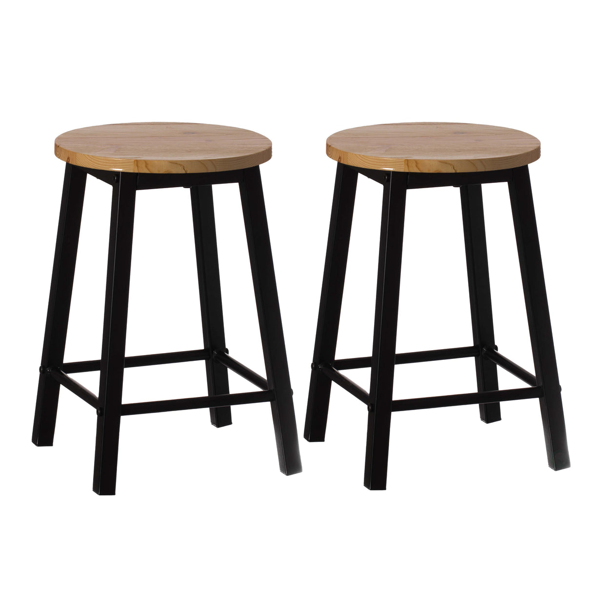 Set of 2 17.5-Inch Rustic Round Solid Wood Counter-Height Bar Stool with Footrest and Durable Steel Frame, Perfect for Dining Room, Kitchen Island and Home Bar - Ideal for Indoor and Outdoor Parties - LEHADAR