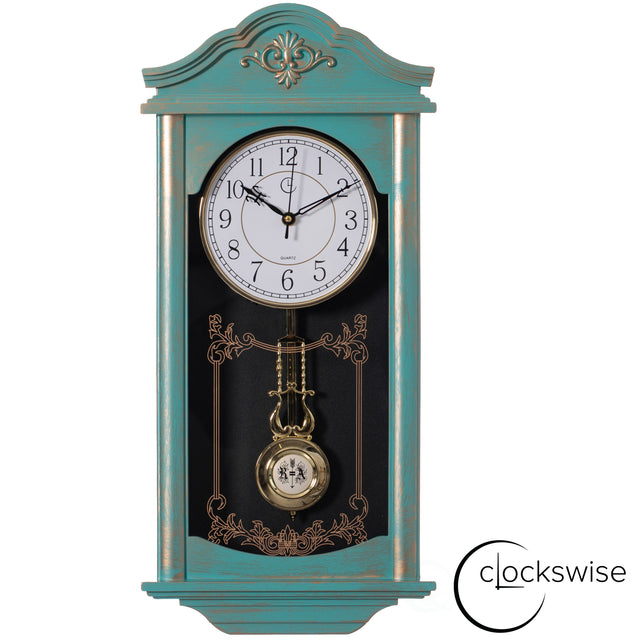 Large Vintage Grandfather Wood- Looking Plastic Pendulum Wall Clock for Living Room, Kitchen, or Dining Room, Large Blue with Gold Distressed Design - LEHADAR