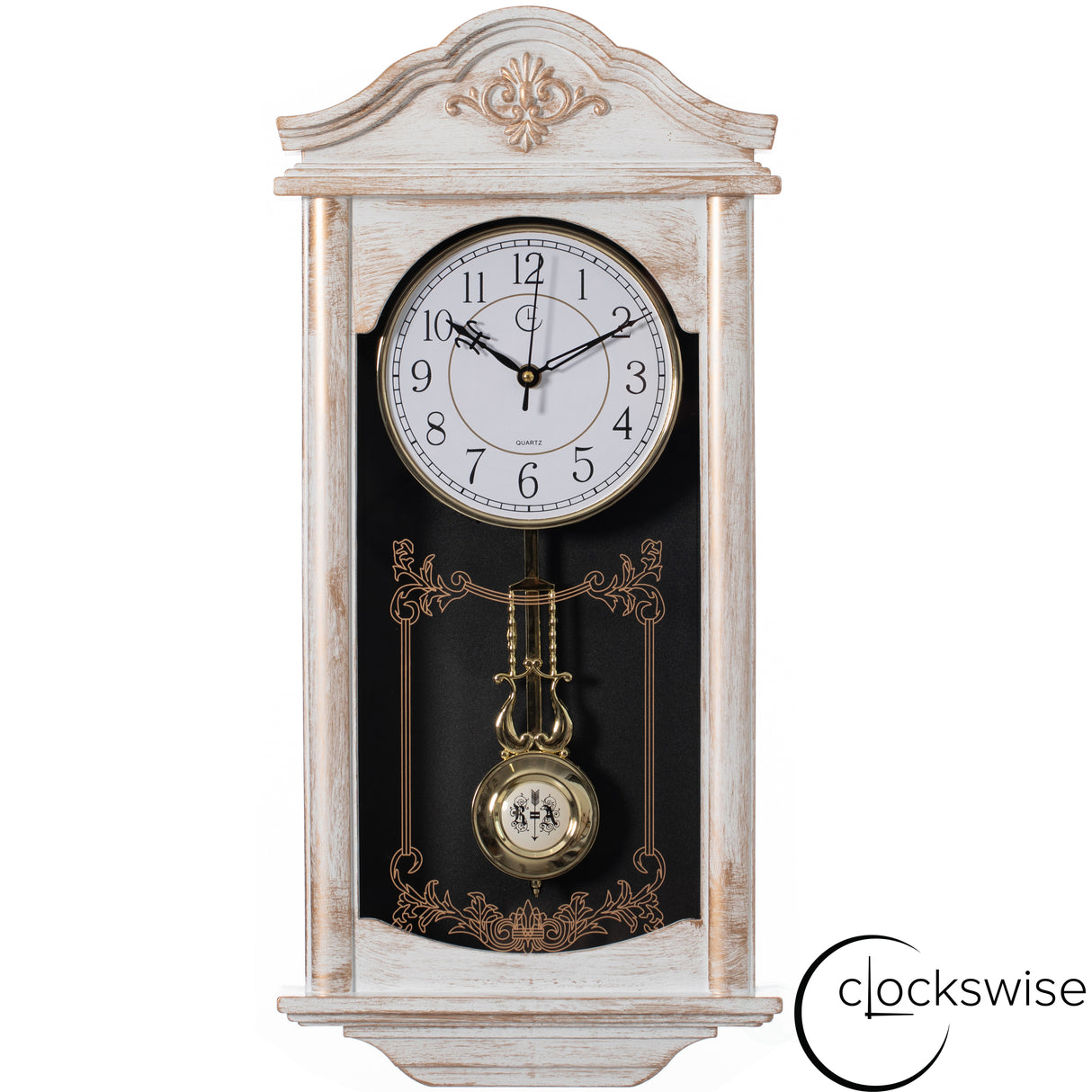 Large Vintage Grandfather Wood- Looking Plastic Pendulum Wall Clock for Living Room, Kitchen, or Dining Room, Large White - LEHADAR