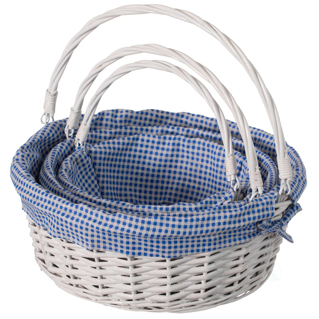 Traditional White Round Willow Gift Basket with Blue and White Gingham Liner and Sturdy Foldable Handles, Food Snacks Storage Basket, Set of 3 - LEHADAR