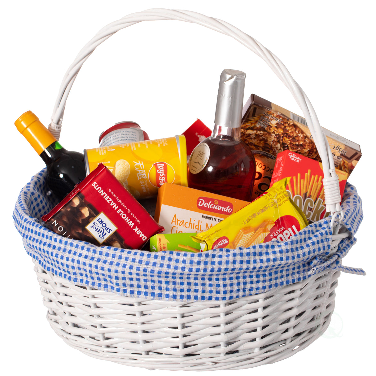 Traditional White Round Willow Gift Basket with Blue and White Gingham Liner and Sturdy Foldable Handles, Food Snacks Storage Basket, Large - LEHADAR