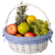 Traditional White Round Willow Gift Basket with Blue and White Gingham Liner and Sturdy Foldable Handles, Food Snacks Storage Basket, Medium - LEHADAR