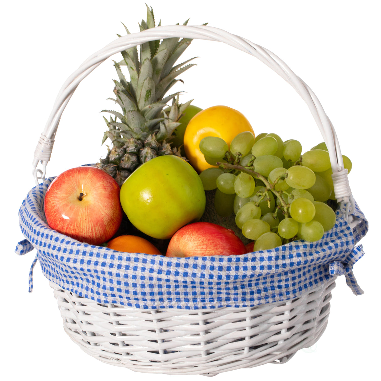 Traditional White Round Willow Gift Basket with Blue and White Gingham Liner and Sturdy Foldable Handles, Food Snacks Storage Basket, Medium - LEHADAR