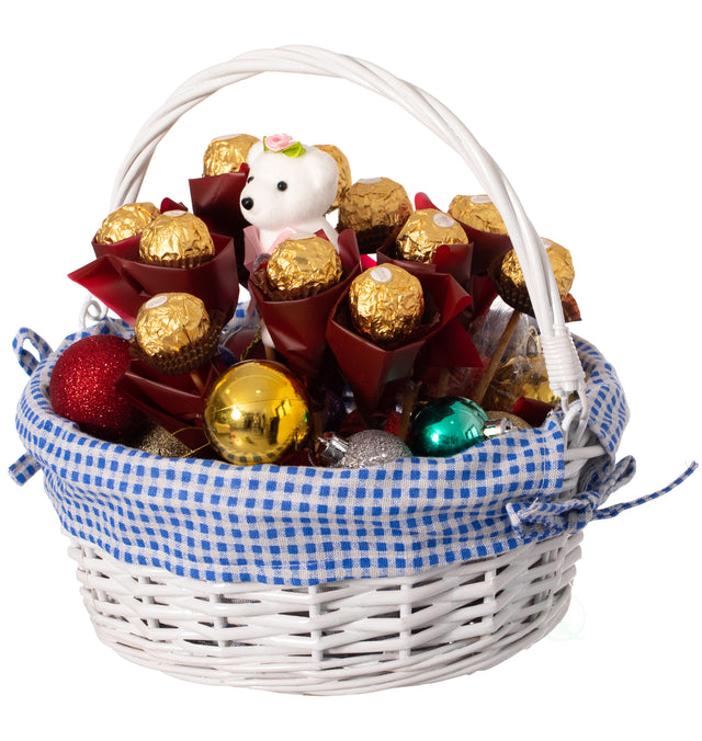 Traditional White Round Willow Gift Basket with Blue and White Gingham Liner and Sturdy Foldable Handles, Food Snacks Storage Basket, Small - LEHADAR