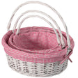 Traditional White Round Willow Gift Basket with Pink and White Gingham Liner and Sturdy Foldable Handles, Food Snacks Storage Basket, Set of 3 - LEHADAR
