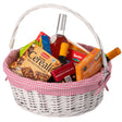 Traditional White Round Willow Gift Basket with Pink and White Gingham Liner and Sturdy Foldable Handles, Food Snacks Storage Basket, Large - LEHADAR