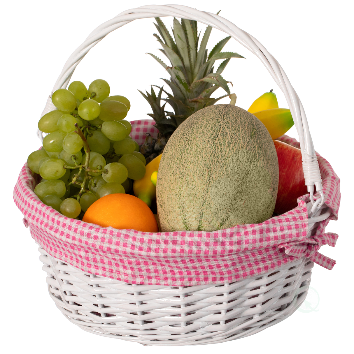 Traditional White Round Willow Gift Basket with Pink and White Gingham Liner and Sturdy Foldable Handles, Food Snacks Storage Basket, Medium - LEHADAR