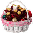 Traditional White Round Willow Gift Basket with Pink and White Gingham Liner and Sturdy Foldable Handles, Food Snacks Storage Basket, Small - LEHADAR