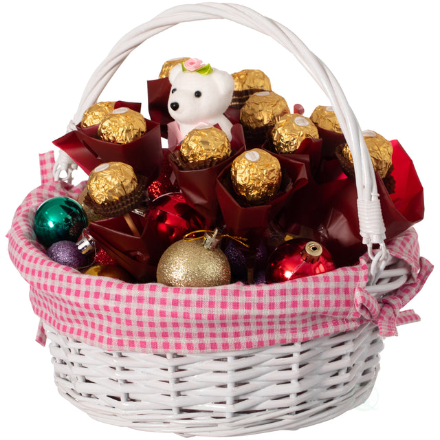 Traditional White Round Willow Gift Basket with Pink and White Gingham Liner and Sturdy Foldable Handles, Food Snacks Storage Basket, Small - LEHADAR