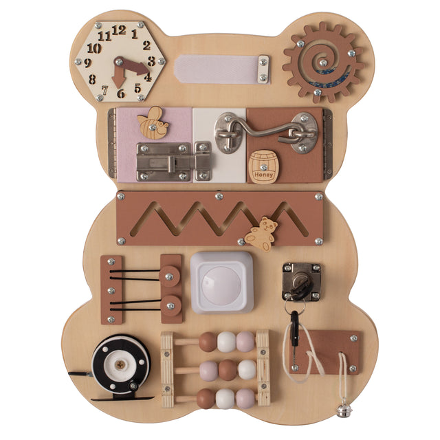 Wooden Sensory Bear Shaped Learning Toddler Busy Board for Playroom, Nursery, Preschool, and Doctors' Office, Pink - LEHADAR