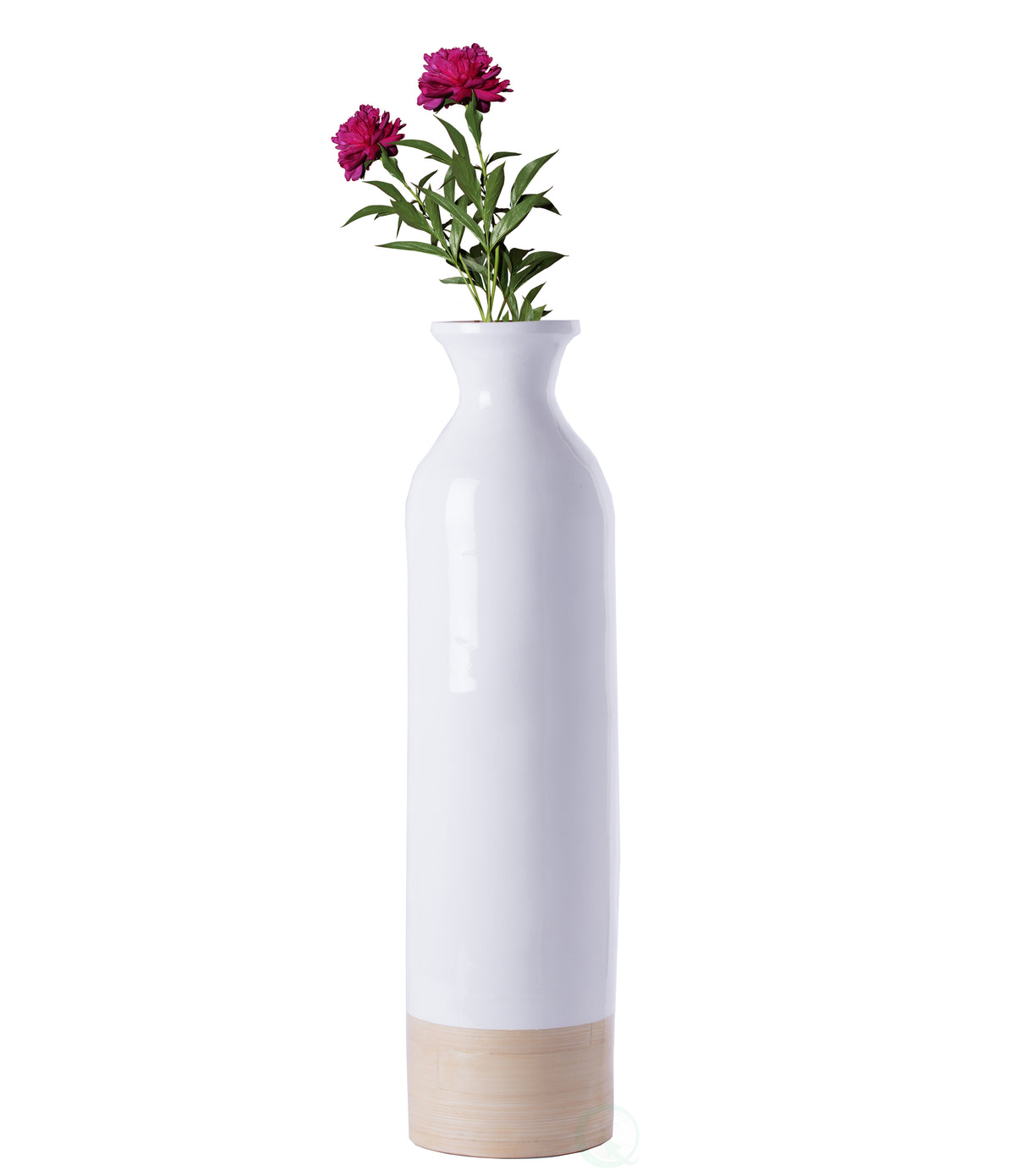Elegant White Cylinder Shaped Tall Spun Bamboo Floor Vases, Embellished with a Glossy Lacquer and Enhanced with Natural Bamboo Finish - Stylish Home Decor, Heights of 23.5 Inches - LEHADAR