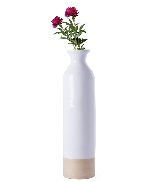 Elegant White Cylinder Shaped Tall Spun Bamboo Floor Vases, Embellished with a Glossy Lacquer and Enhanced with Natural Bamboo Finish - Stylish Home Decor, Heights of 23.5 Inches - LEHADAR