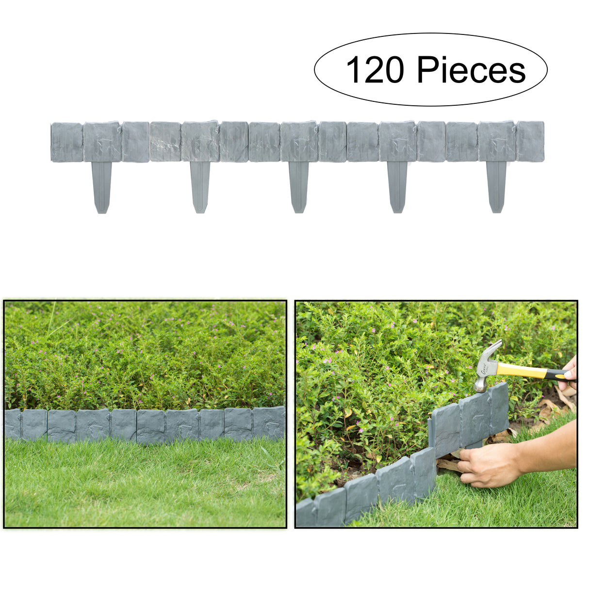 Cobbled Stone Outdoor Lawn Edging Gate 120pk Interlocking Stakes - LEHADAR